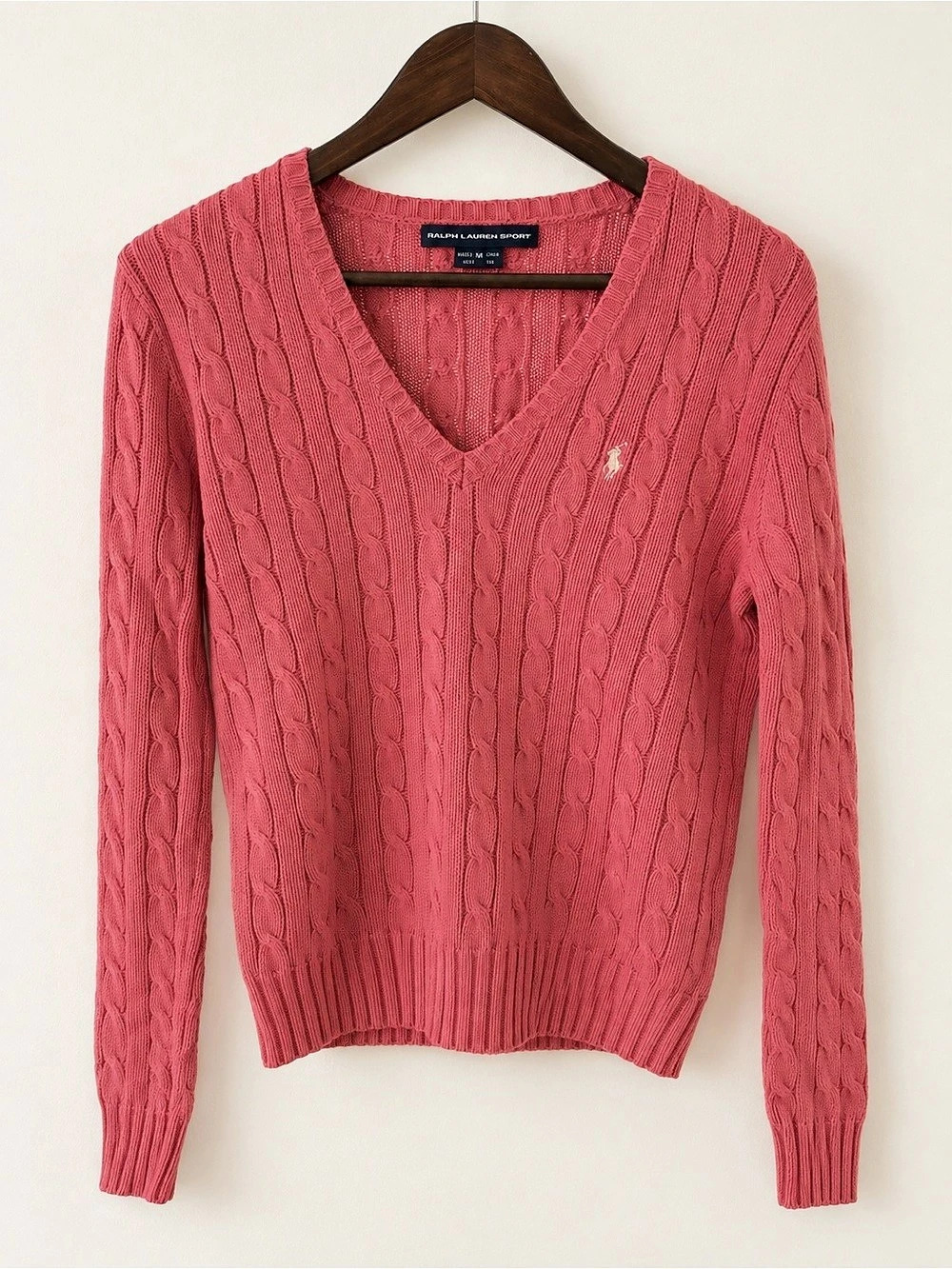 Polo Ralph Lauren Women's Pink Cable Knit V-Neck Sweater